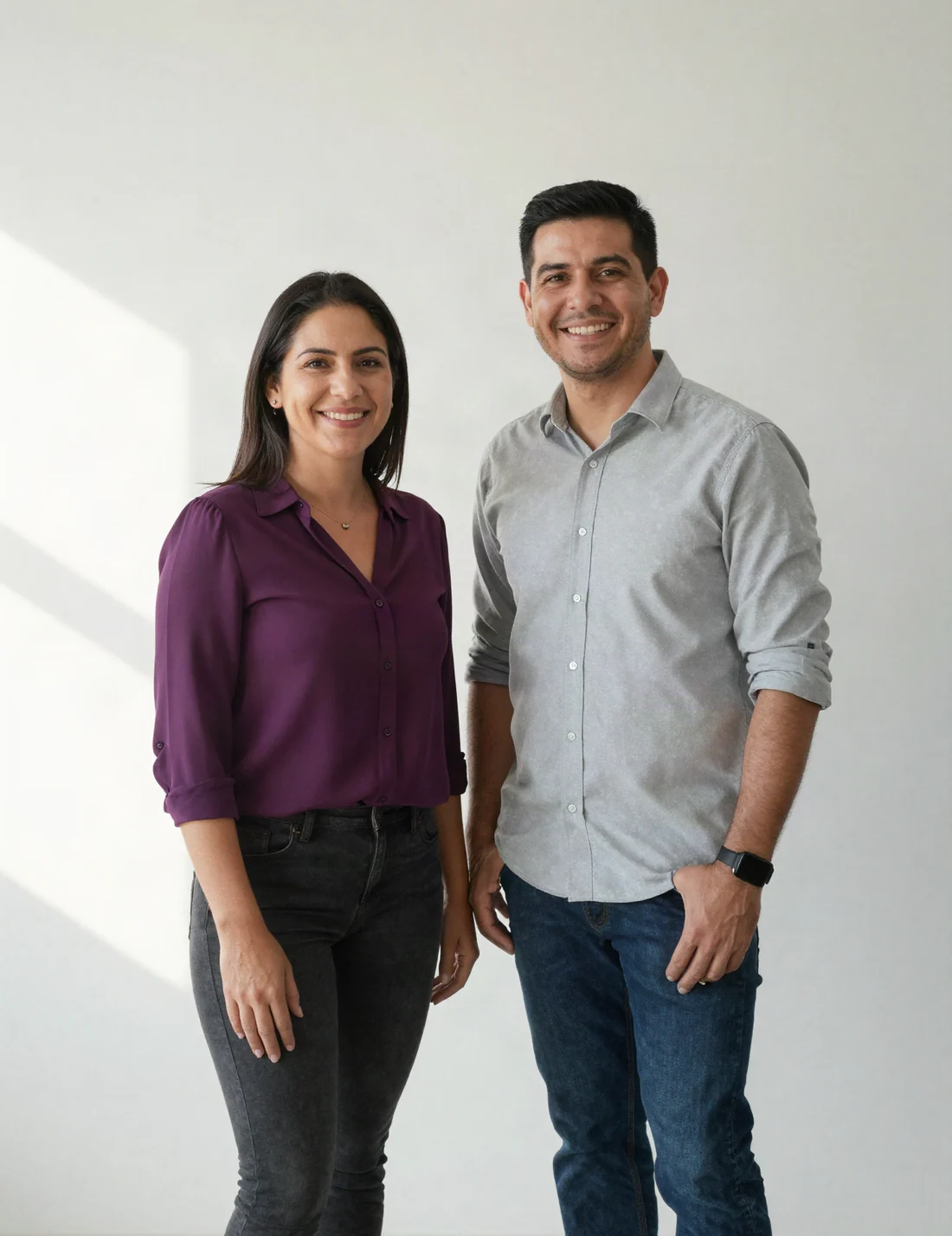 Dos personas de una empresa, de pie y sonriendo